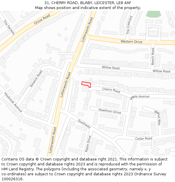 31, CHERRY ROAD, BLABY, LEICESTER, LE8 4AF: Location map and indicative extent of plot