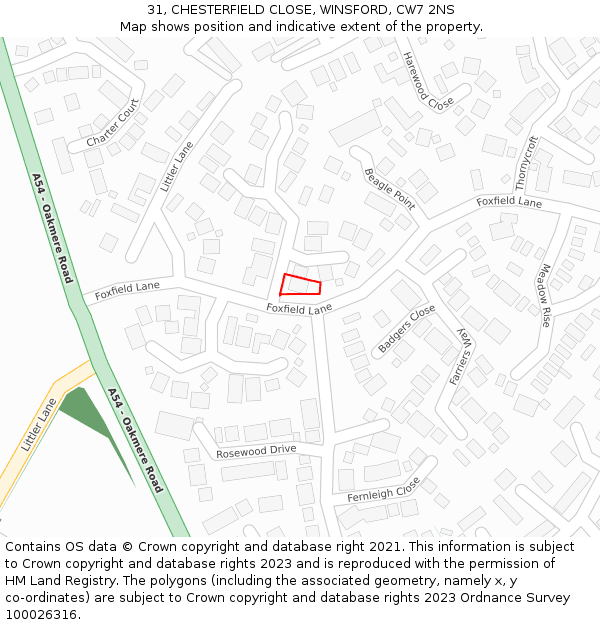 31, CHESTERFIELD CLOSE, WINSFORD, CW7 2NS: Location map and indicative extent of plot