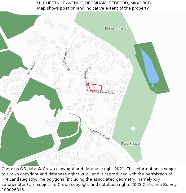 31, CHESTNUT AVENUE, BROMHAM, BEDFORD, MK43 8GD: Location map and indicative extent of plot