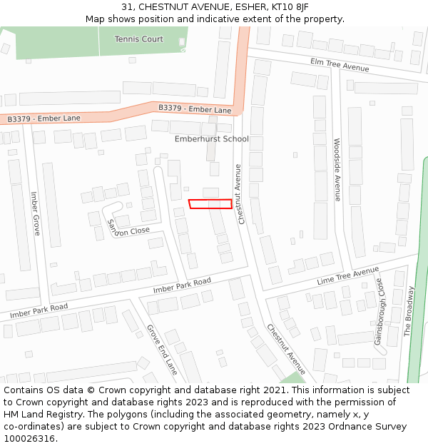 31, CHESTNUT AVENUE, ESHER, KT10 8JF: Location map and indicative extent of plot