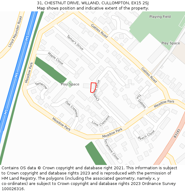 31, CHESTNUT DRIVE, WILLAND, CULLOMPTON, EX15 2SJ: Location map and indicative extent of plot