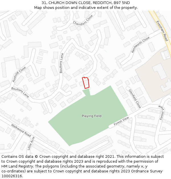 31, CHURCH DOWN CLOSE, REDDITCH, B97 5ND: Location map and indicative extent of plot