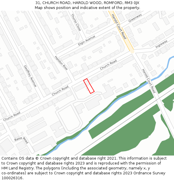 31, CHURCH ROAD, HAROLD WOOD, ROMFORD, RM3 0JX: Location map and indicative extent of plot