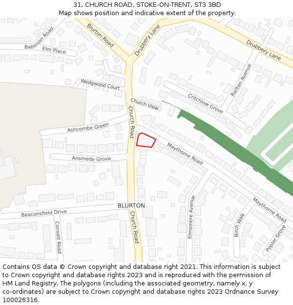 31, CHURCH ROAD, STOKE-ON-TRENT, ST3 3BD: Location map and indicative extent of plot