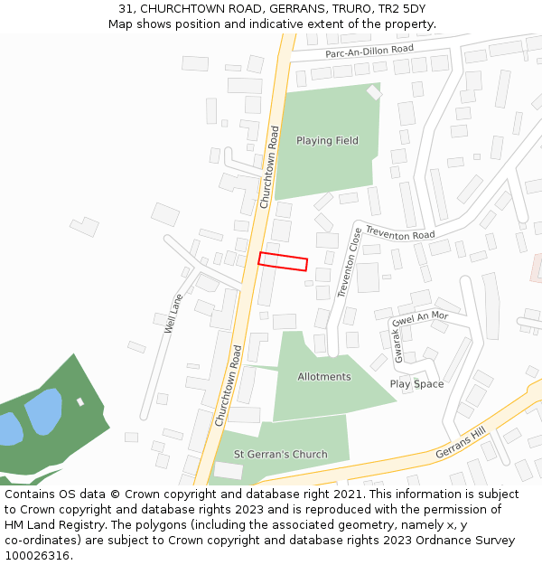 31, CHURCHTOWN ROAD, GERRANS, TRURO, TR2 5DY: Location map and indicative extent of plot