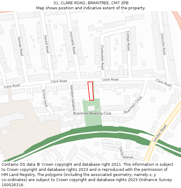 31, CLARE ROAD, BRAINTREE, CM7 2PB: Location map and indicative extent of plot