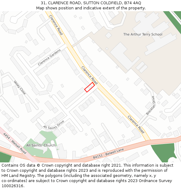31, CLARENCE ROAD, SUTTON COLDFIELD, B74 4AQ: Location map and indicative extent of plot