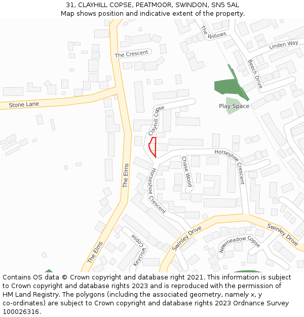 31, CLAYHILL COPSE, PEATMOOR, SWINDON, SN5 5AL: Location map and indicative extent of plot