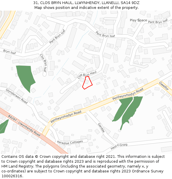 31, CLOS BRYN HAUL, LLWYNHENDY, LLANELLI, SA14 9DZ: Location map and indicative extent of plot