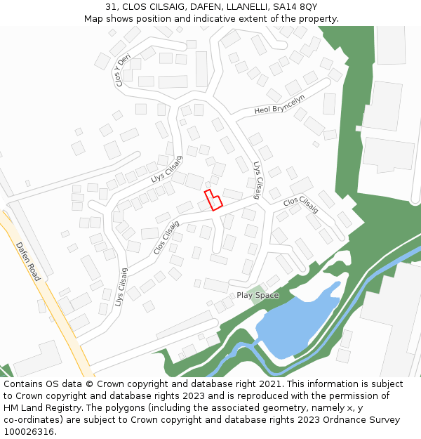 31, CLOS CILSAIG, DAFEN, LLANELLI, SA14 8QY: Location map and indicative extent of plot