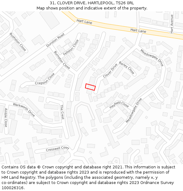 31, CLOVER DRIVE, HARTLEPOOL, TS26 0RL: Location map and indicative extent of plot
