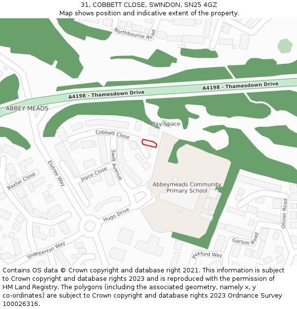 31, COBBETT CLOSE, SWINDON, SN25 4GZ: Location map and indicative extent of plot