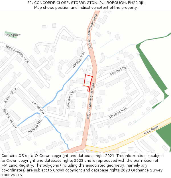 31, CONCORDE CLOSE, STORRINGTON, PULBOROUGH, RH20 3JL: Location map and indicative extent of plot