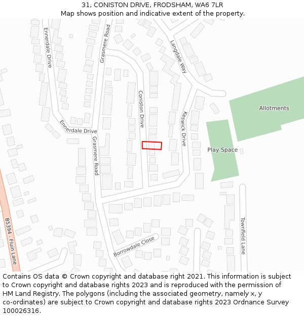 31, CONISTON DRIVE, FRODSHAM, WA6 7LR: Location map and indicative extent of plot