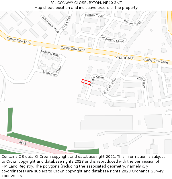 31, CONWAY CLOSE, RYTON, NE40 3NZ: Location map and indicative extent of plot