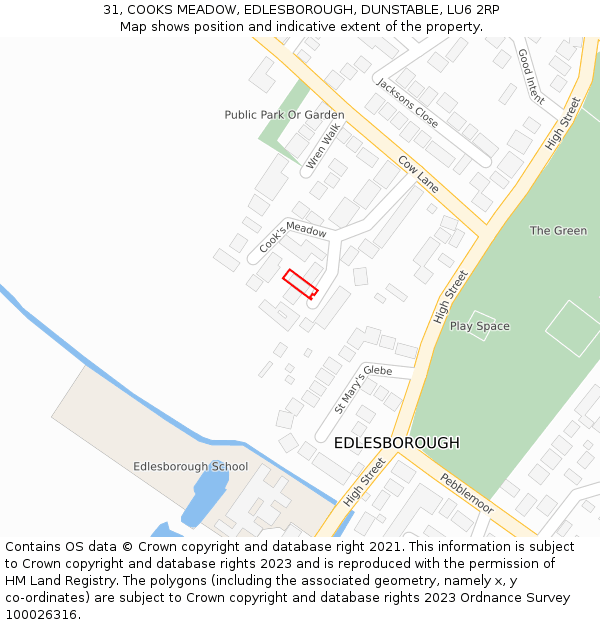 31, COOKS MEADOW, EDLESBOROUGH, DUNSTABLE, LU6 2RP: Location map and indicative extent of plot