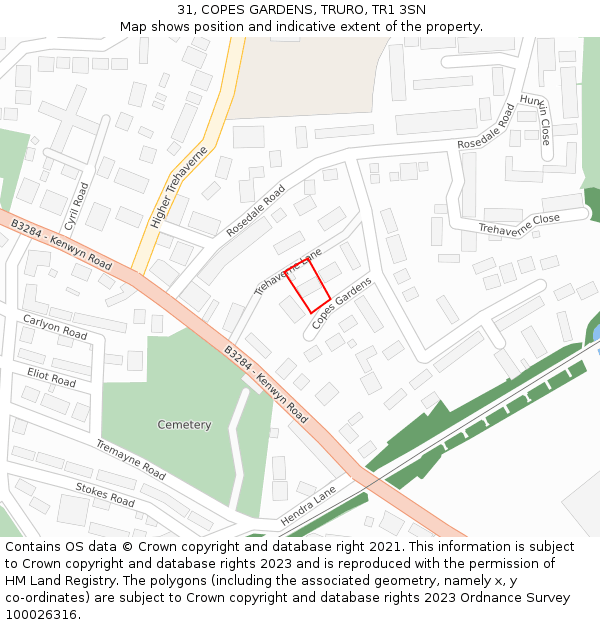 31, COPES GARDENS, TRURO, TR1 3SN: Location map and indicative extent of plot