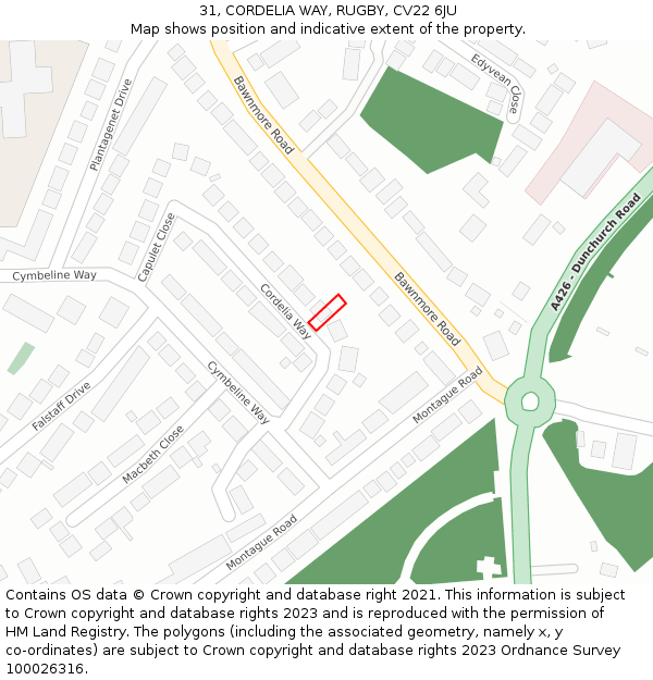 31, CORDELIA WAY, RUGBY, CV22 6JU: Location map and indicative extent of plot