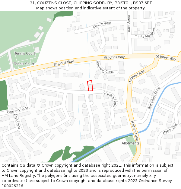 31, COUZENS CLOSE, CHIPPING SODBURY, BRISTOL, BS37 6BT: Location map and indicative extent of plot
