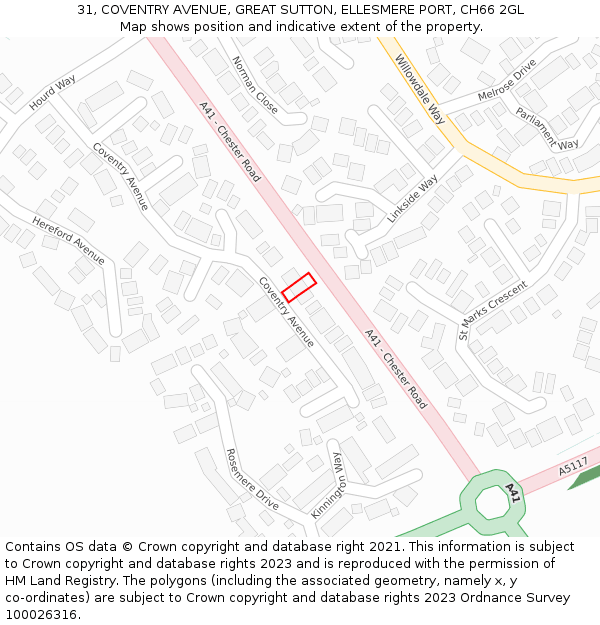 31, COVENTRY AVENUE, GREAT SUTTON, ELLESMERE PORT, CH66 2GL: Location map and indicative extent of plot