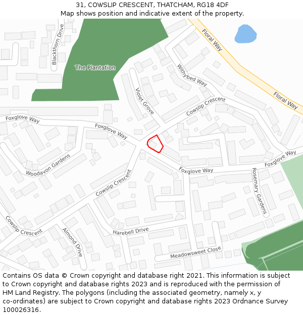 31, COWSLIP CRESCENT, THATCHAM, RG18 4DF: Location map and indicative extent of plot