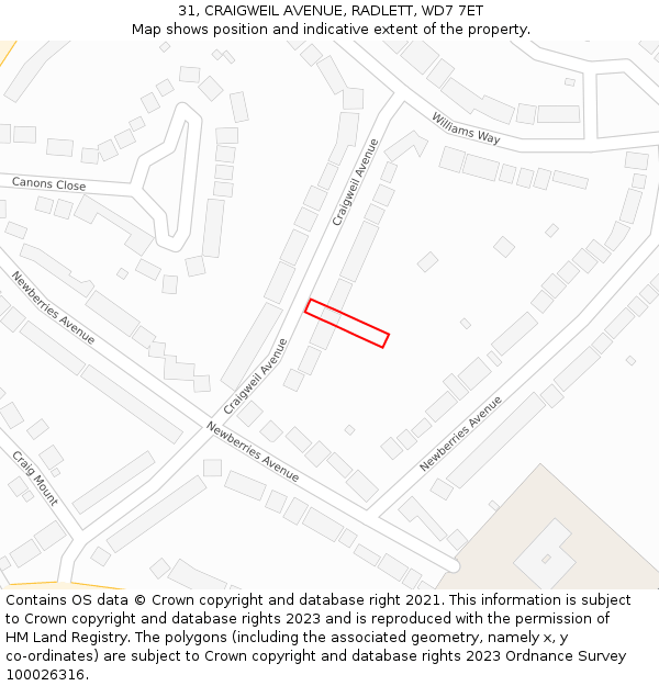 31, CRAIGWEIL AVENUE, RADLETT, WD7 7ET: Location map and indicative extent of plot