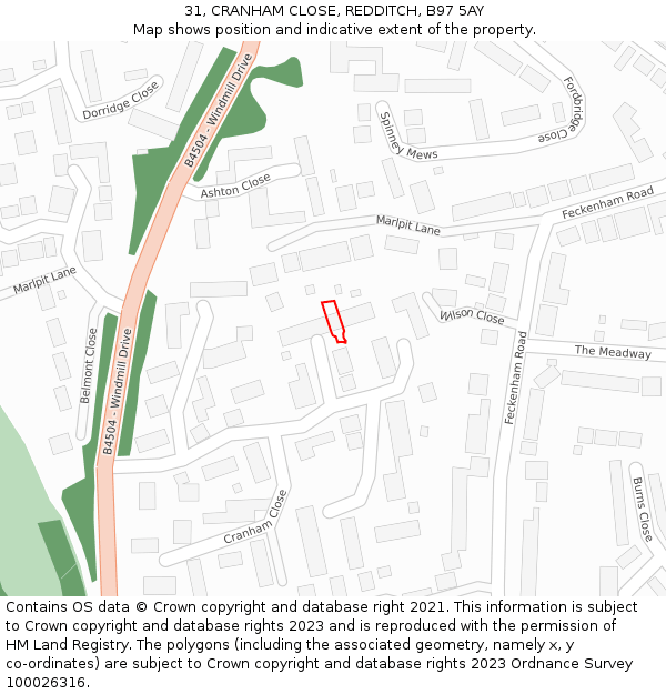 31, CRANHAM CLOSE, REDDITCH, B97 5AY: Location map and indicative extent of plot