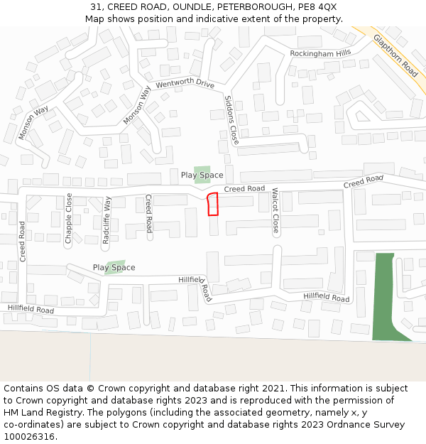 31, CREED ROAD, OUNDLE, PETERBOROUGH, PE8 4QX: Location map and indicative extent of plot