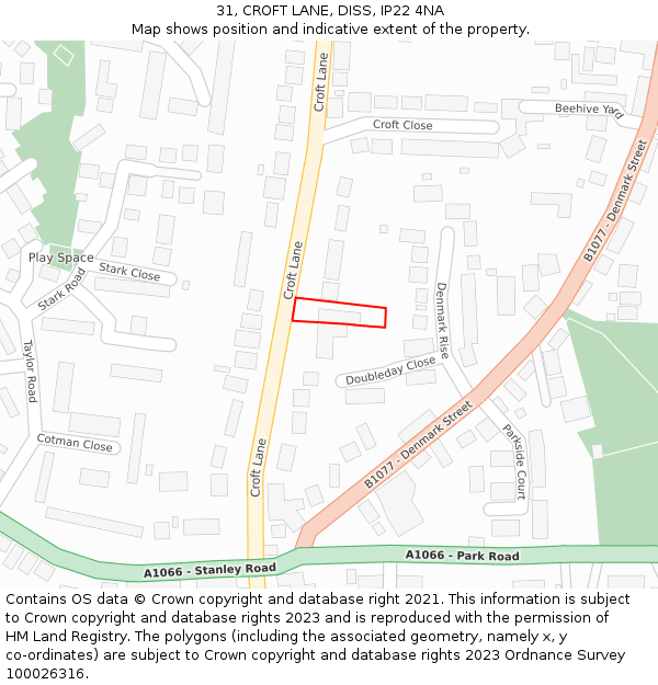 31, CROFT LANE, DISS, IP22 4NA: Location map and indicative extent of plot