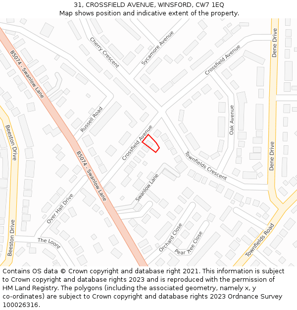 31, CROSSFIELD AVENUE, WINSFORD, CW7 1EQ: Location map and indicative extent of plot