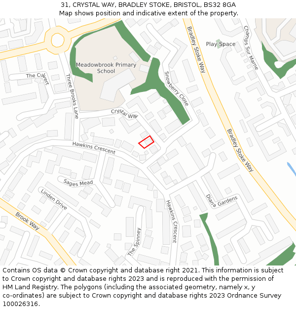 31, CRYSTAL WAY, BRADLEY STOKE, BRISTOL, BS32 8GA: Location map and indicative extent of plot