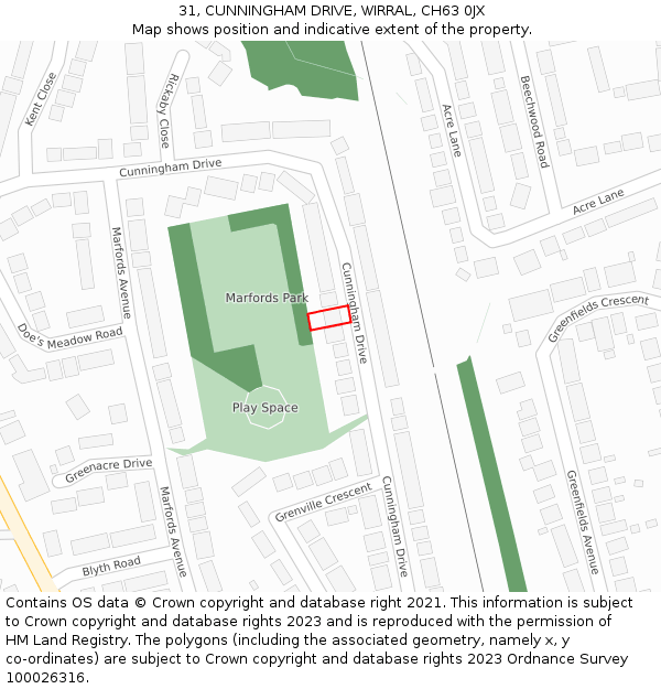 31, CUNNINGHAM DRIVE, WIRRAL, CH63 0JX: Location map and indicative extent of plot