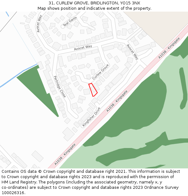 31, CURLEW GROVE, BRIDLINGTON, YO15 3NX: Location map and indicative extent of plot