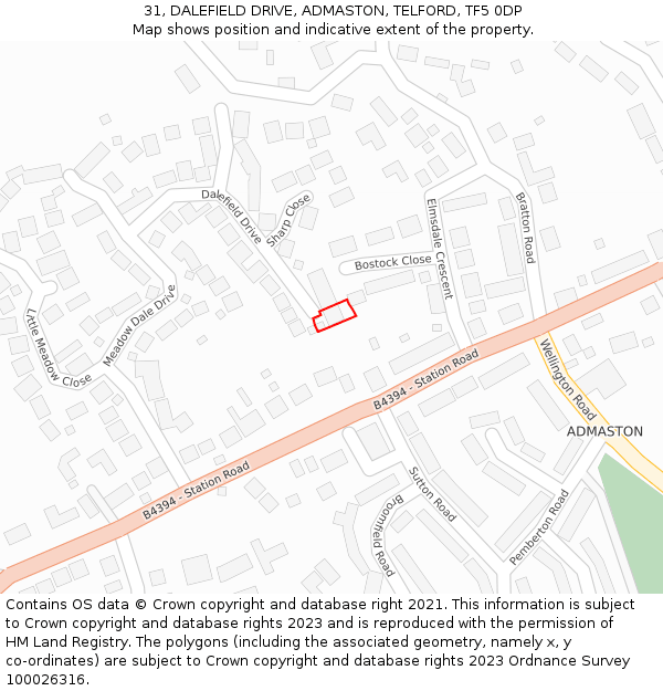 31, DALEFIELD DRIVE, ADMASTON, TELFORD, TF5 0DP: Location map and indicative extent of plot