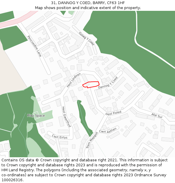 31, DANNOG Y COED, BARRY, CF63 1HF: Location map and indicative extent of plot