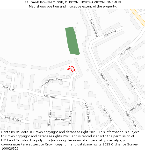 31, DAVE BOWEN CLOSE, DUSTON, NORTHAMPTON, NN5 4US: Location map and indicative extent of plot