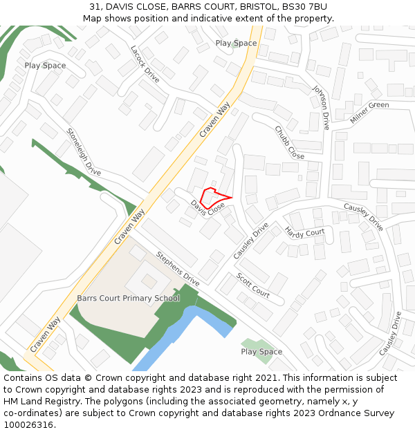 31, DAVIS CLOSE, BARRS COURT, BRISTOL, BS30 7BU: Location map and indicative extent of plot