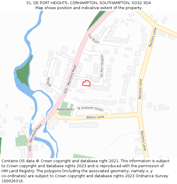 31, DE PORT HEIGHTS, CORHAMPTON, SOUTHAMPTON, SO32 3DA: Location map and indicative extent of plot