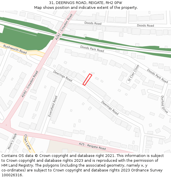 31, DEERINGS ROAD, REIGATE, RH2 0PW: Location map and indicative extent of plot