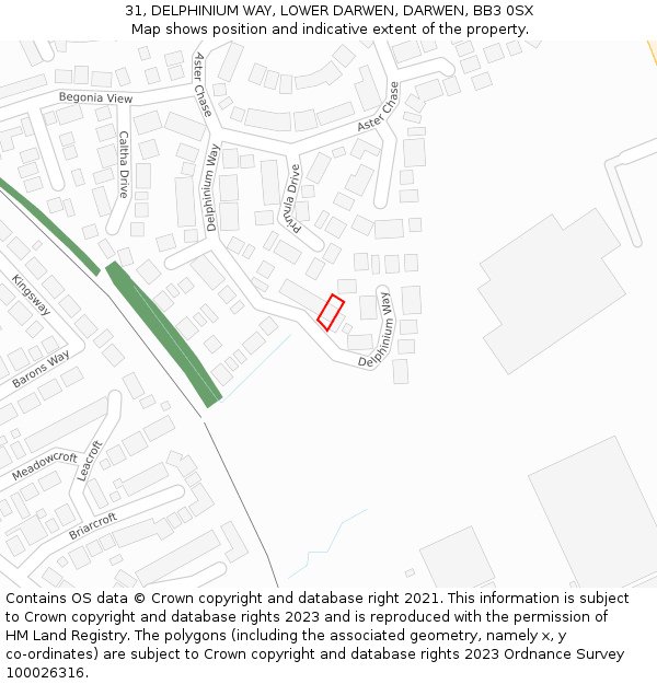 31, DELPHINIUM WAY, LOWER DARWEN, DARWEN, BB3 0SX: Location map and indicative extent of plot