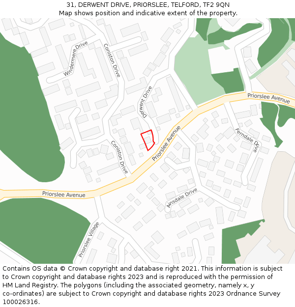 31, DERWENT DRIVE, PRIORSLEE, TELFORD, TF2 9QN: Location map and indicative extent of plot