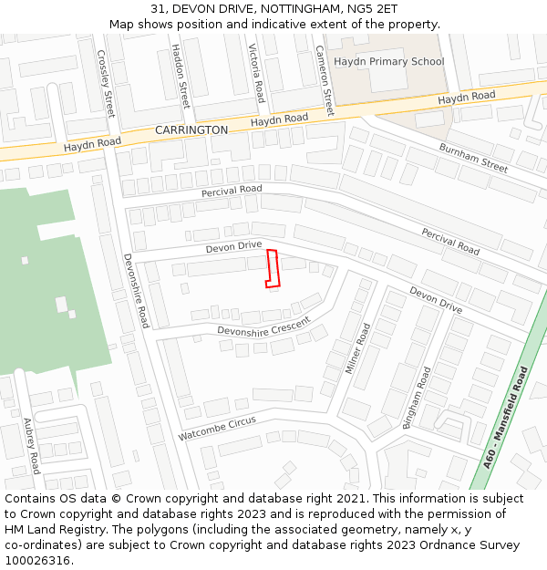 31, DEVON DRIVE, NOTTINGHAM, NG5 2ET: Location map and indicative extent of plot