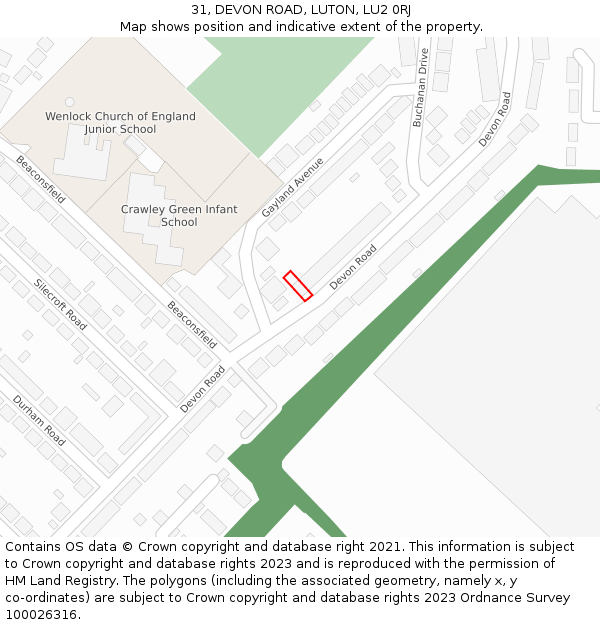 31, DEVON ROAD, LUTON, LU2 0RJ: Location map and indicative extent of plot