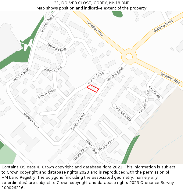31, DOLVER CLOSE, CORBY, NN18 8NB: Location map and indicative extent of plot