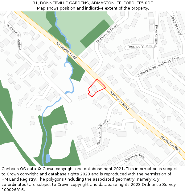 31, DONNERVILLE GARDENS, ADMASTON, TELFORD, TF5 0DE: Location map and indicative extent of plot