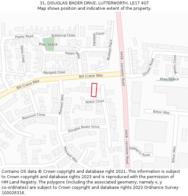 31, DOUGLAS BADER DRIVE, LUTTERWORTH, LE17 4GT: Location map and indicative extent of plot