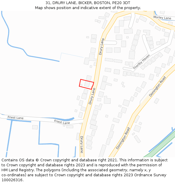 31, DRURY LANE, BICKER, BOSTON, PE20 3DT: Location map and indicative extent of plot