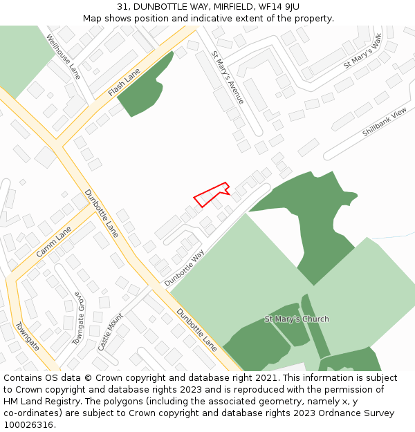 31, DUNBOTTLE WAY, MIRFIELD, WF14 9JU: Location map and indicative extent of plot