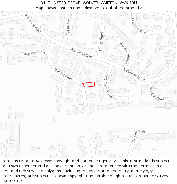 31, DUNSTER GROVE, WOLVERHAMPTON, WV6 7RU: Location map and indicative extent of plot