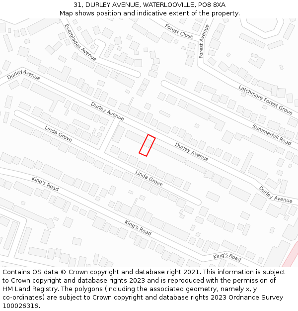 31, DURLEY AVENUE, WATERLOOVILLE, PO8 8XA: Location map and indicative extent of plot